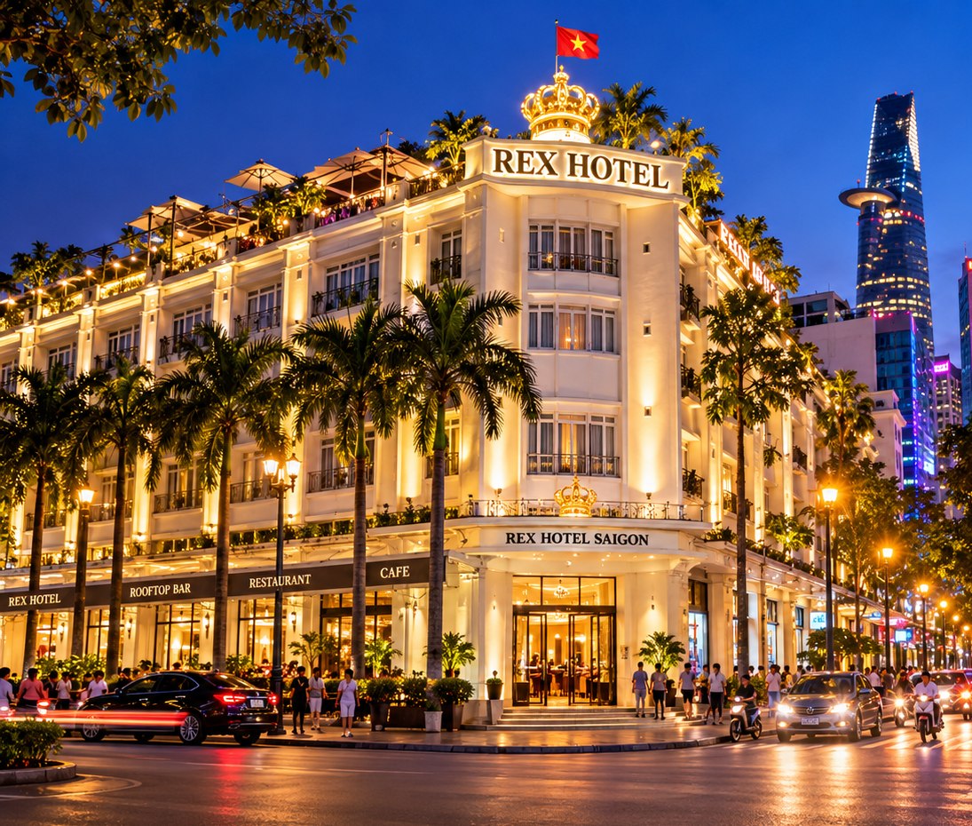 Artistic illustration of the Rex Hotel Saigon exterior at dusk